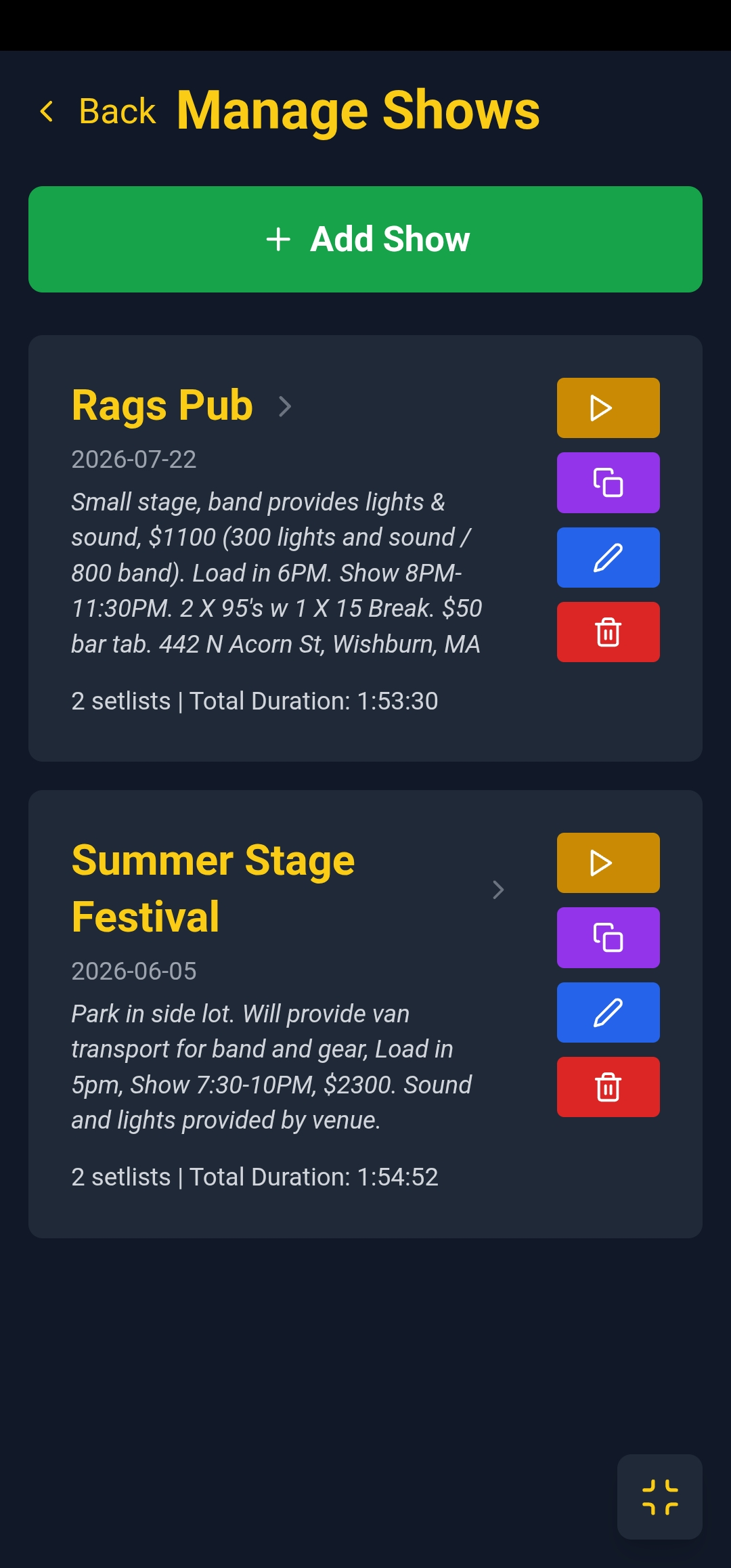 Shows management overview