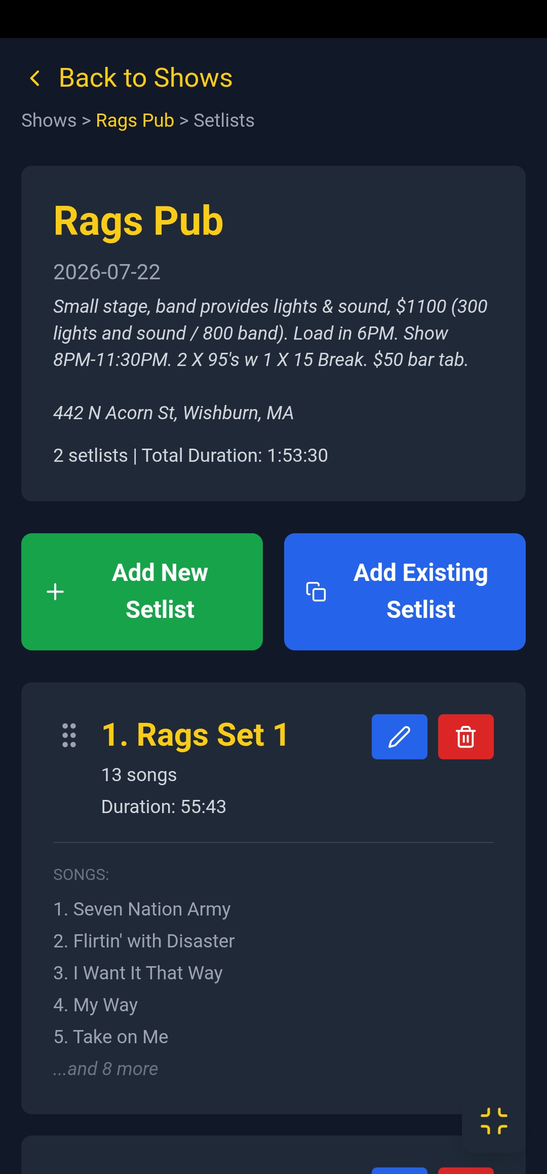Show detail with multiple setlists