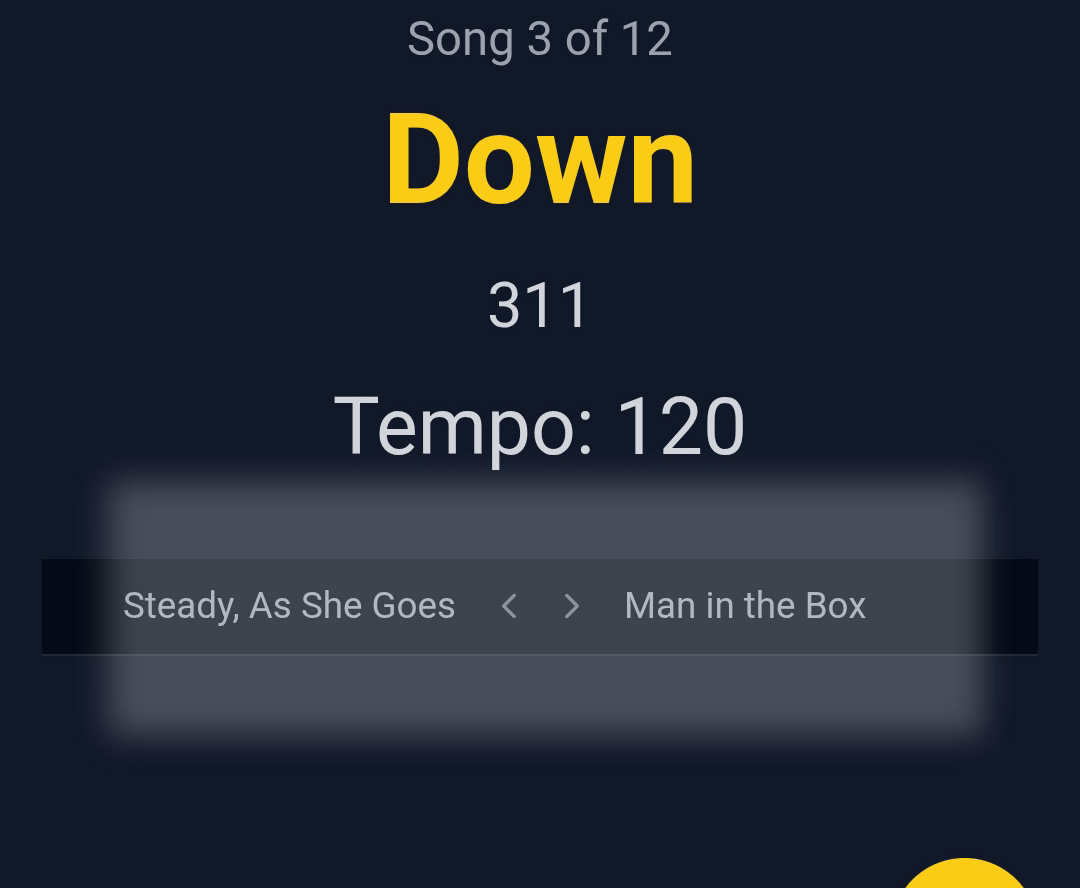 Playback screen showing previous and next song titles below the tempo