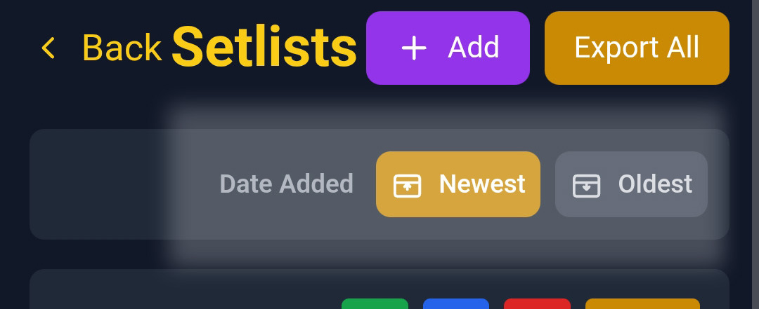 Setlist sort by date — calendar icon highlighted