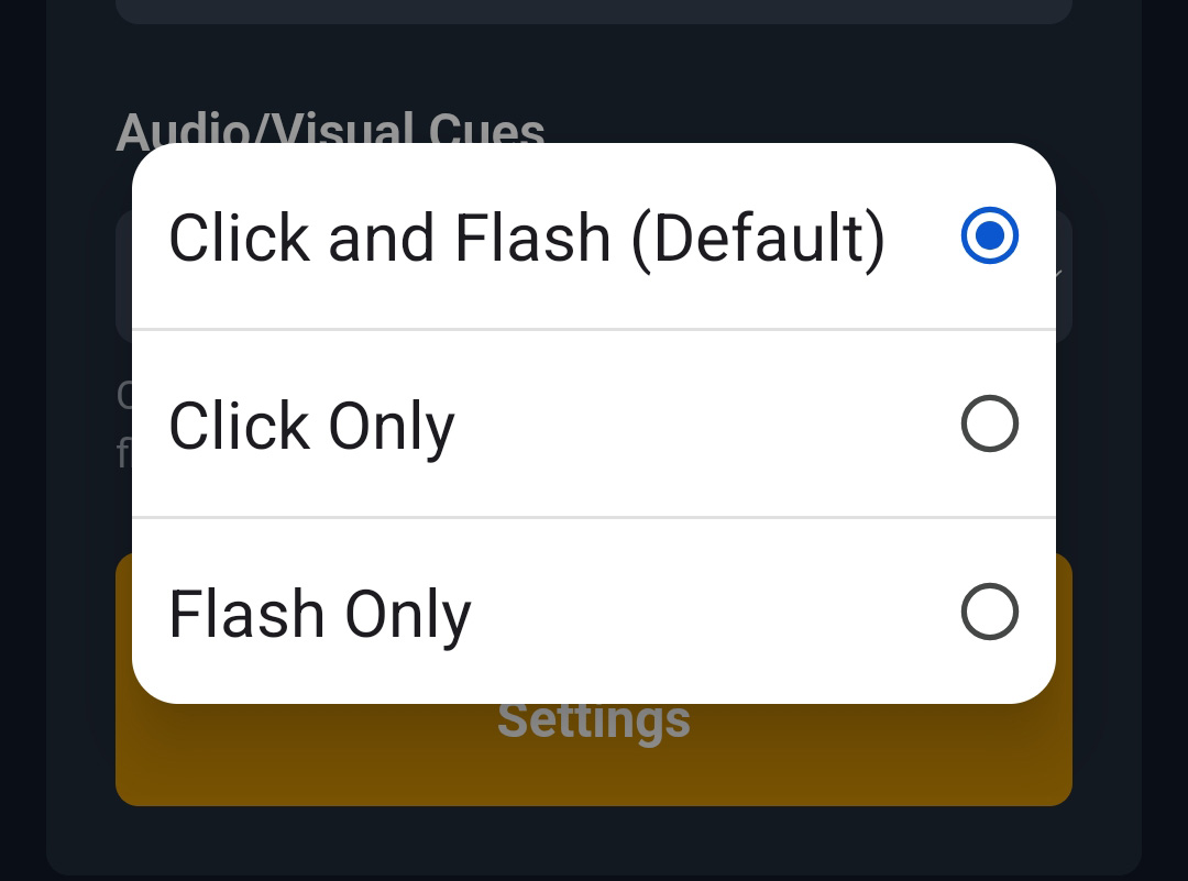 Audio/Visual Cue mode selector in Settings