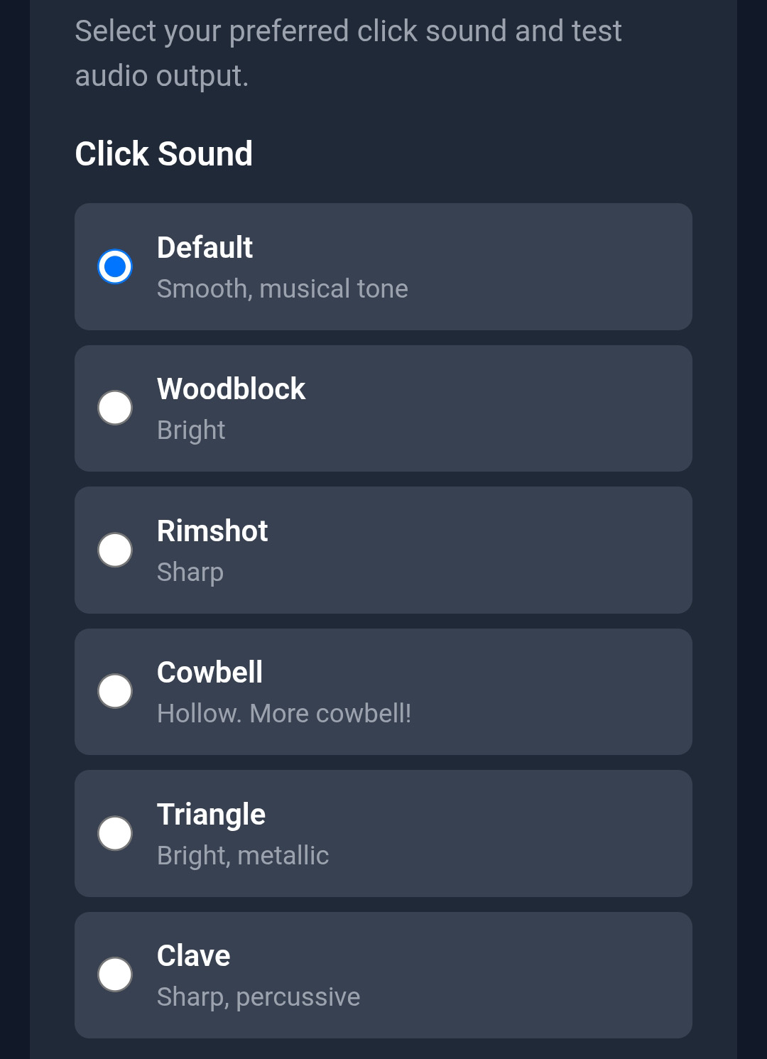 Click Sound selection panel in Settings with Test buttons