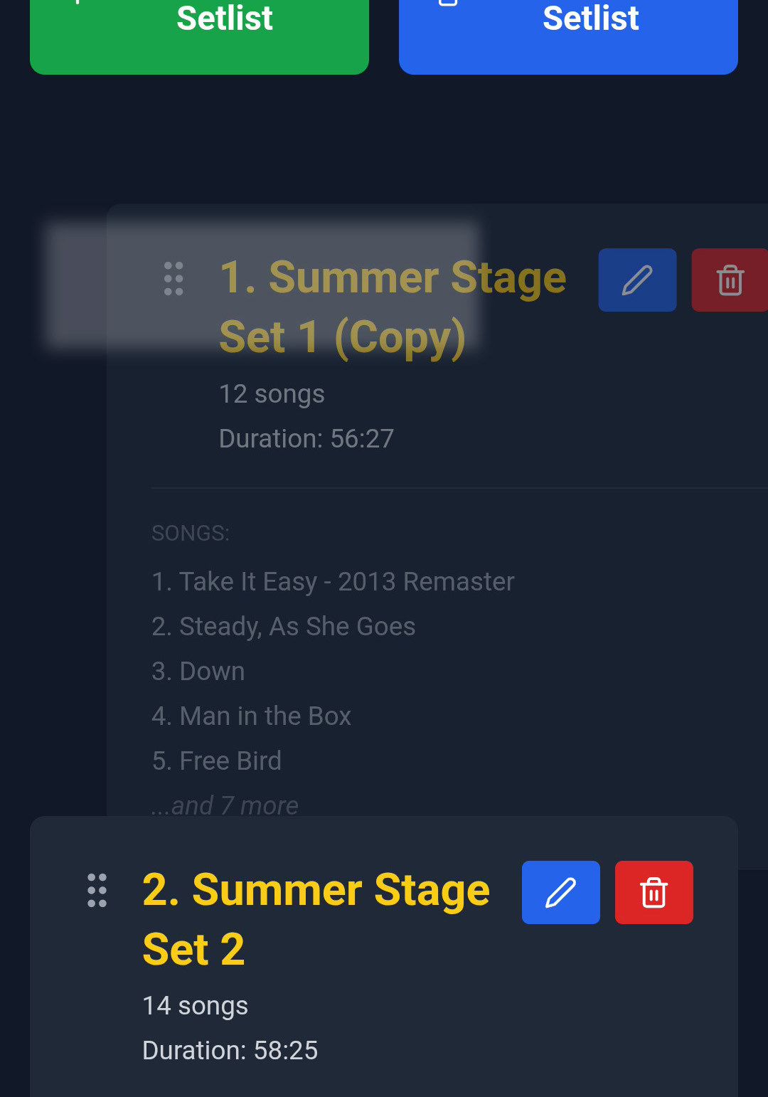 Drag-and-drop reordering of setlists within a show