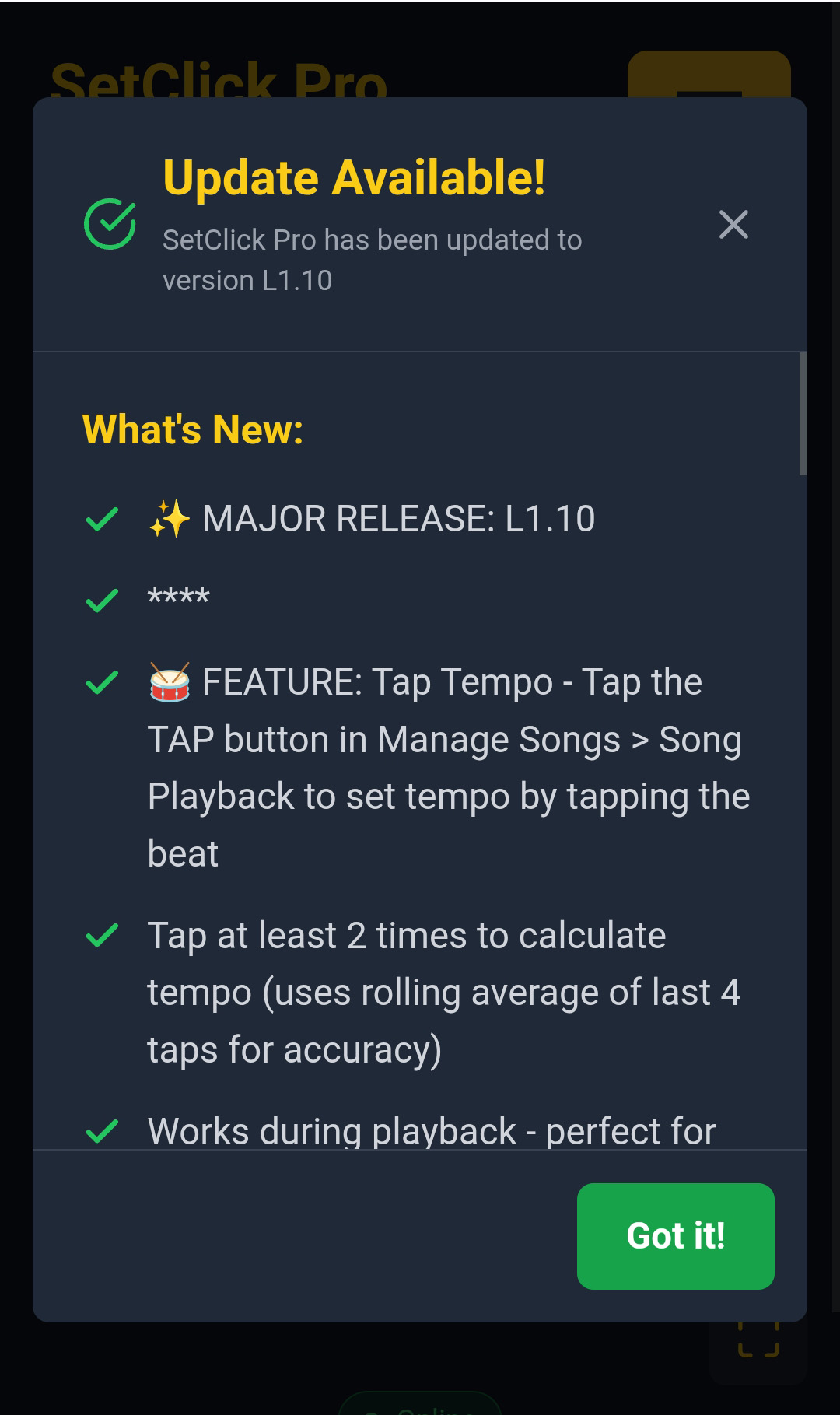 What's New update notification modal